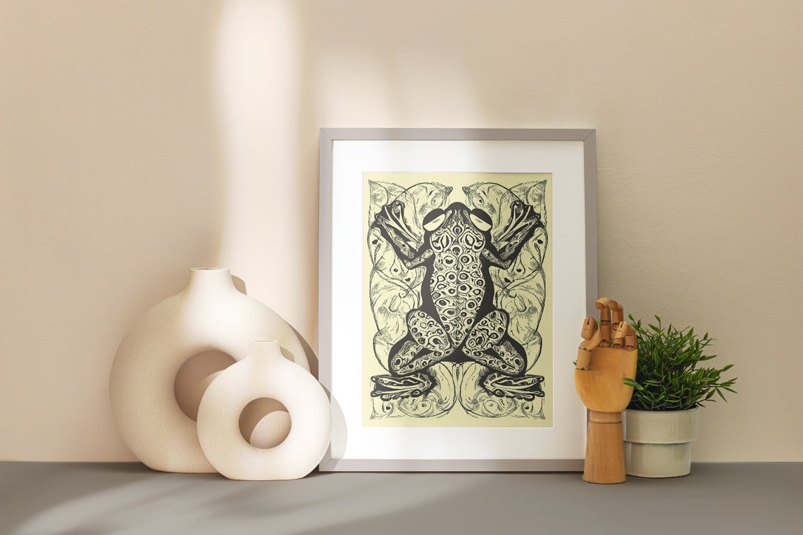 Intricate Mirrored Black Frog Illustration Vintage Style Poster - Image 2