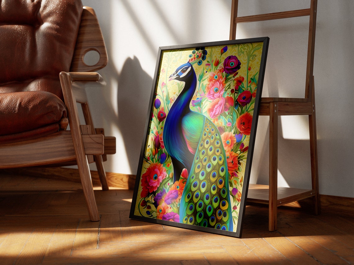 Majestic Colorful Peacock With Exotic Flowers Illustration Poster - Image 2