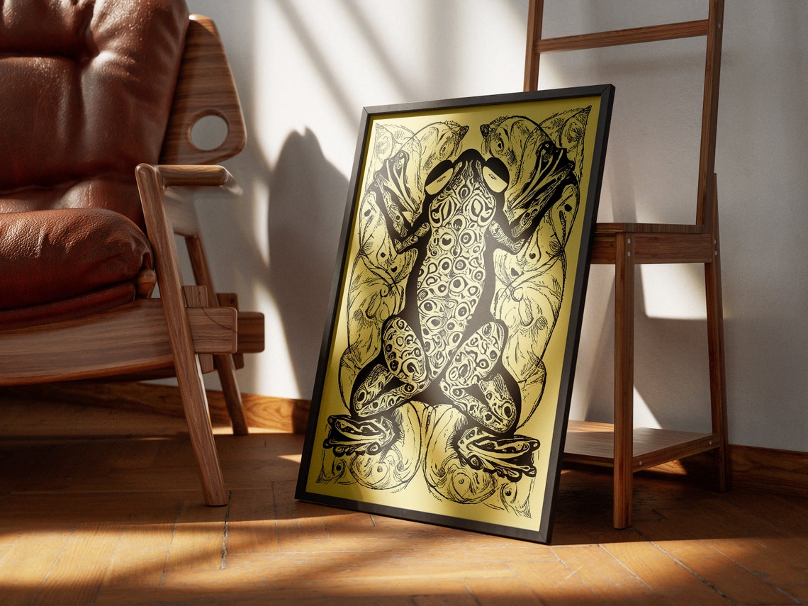 Intricate Mirrored Black Frog Illustration Vintage Style Poster - Image 3