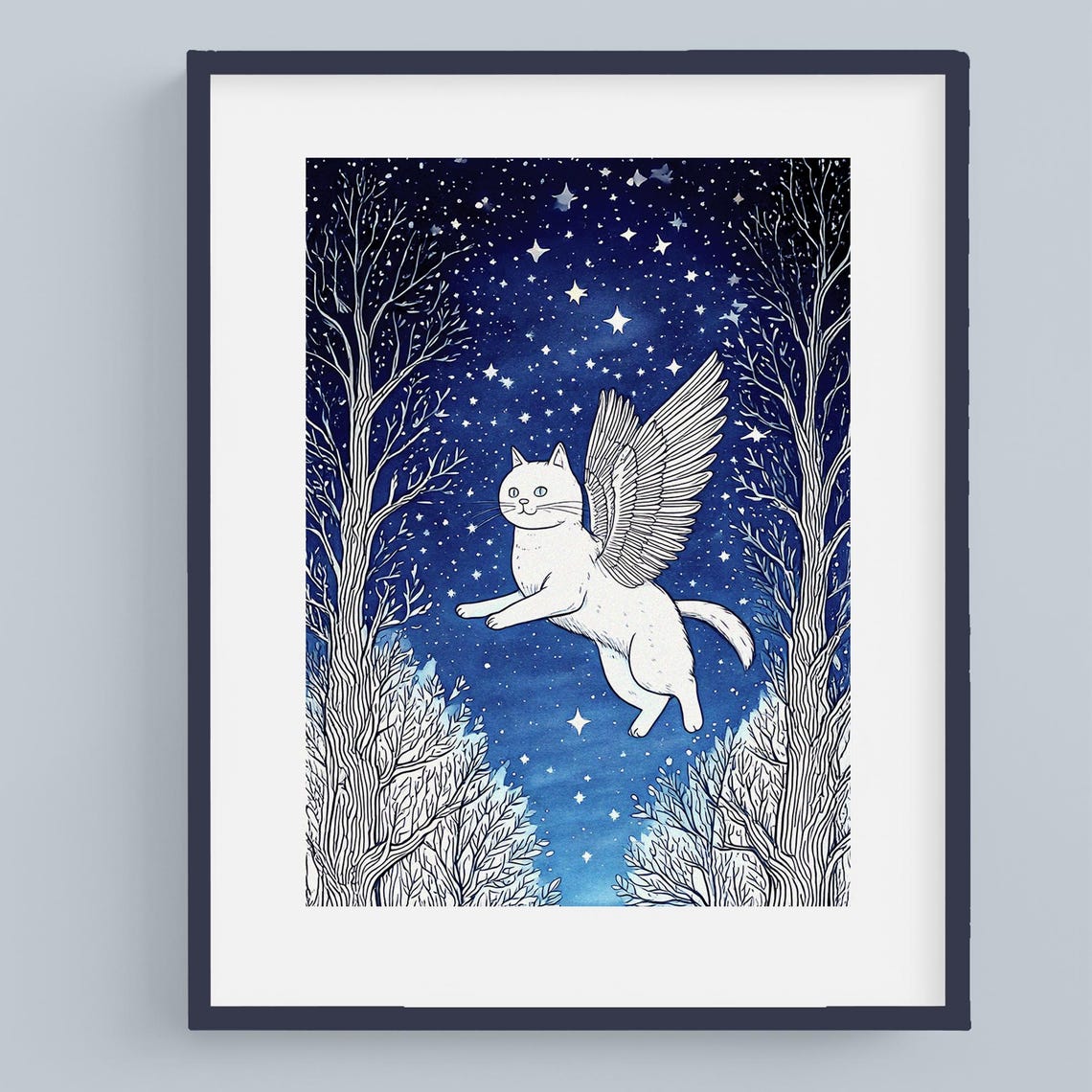 White Winged Cat Flying Through Starry Night Forest Fantasy Art Poster - Image 3
