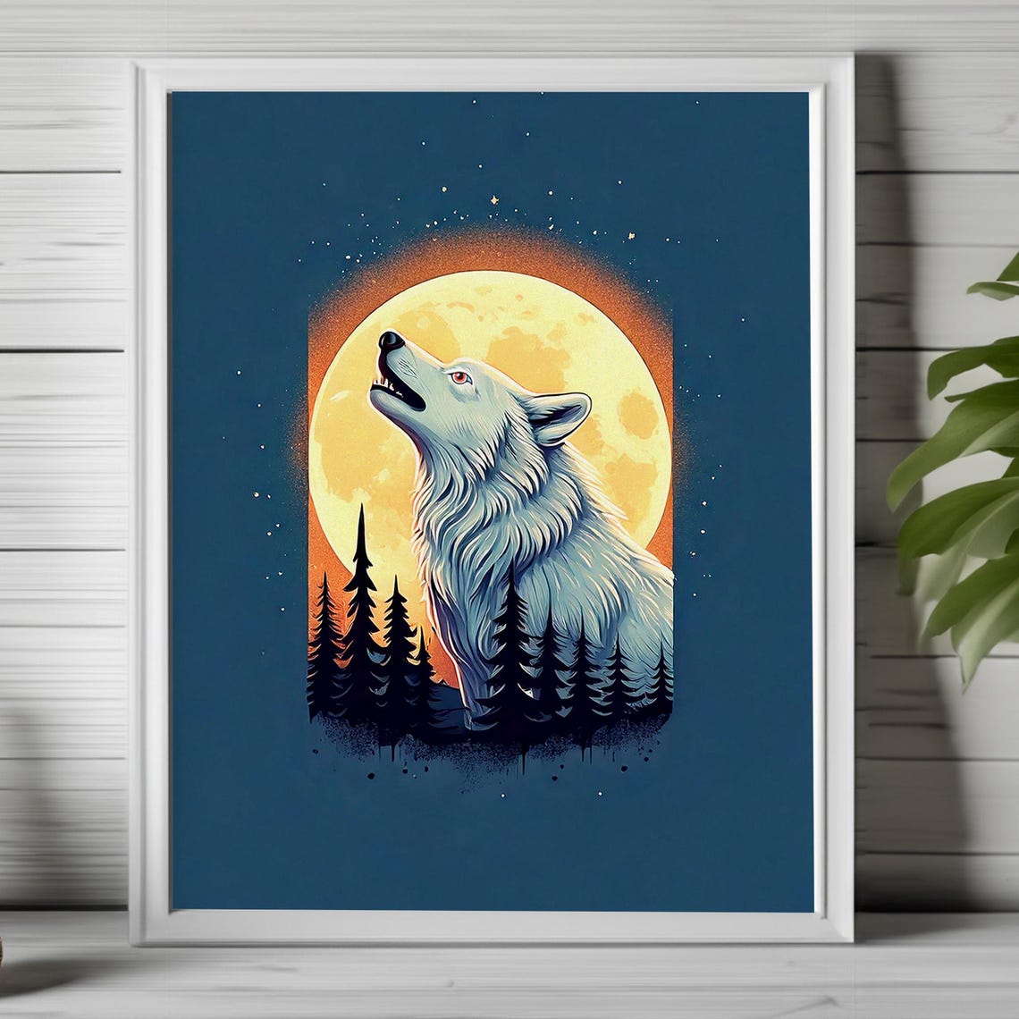 Howling Wolf under Full Moon Pine Forest Night Wildlife Art Poster