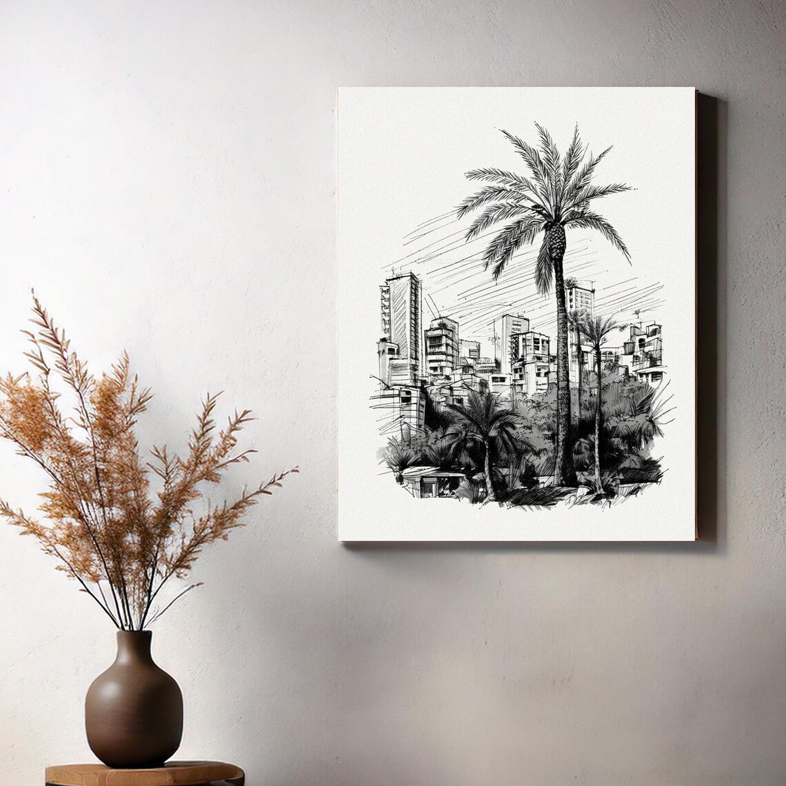 Tropical City Skyline Palm Trees Urban Sketch Black White Art Poster - Image 3