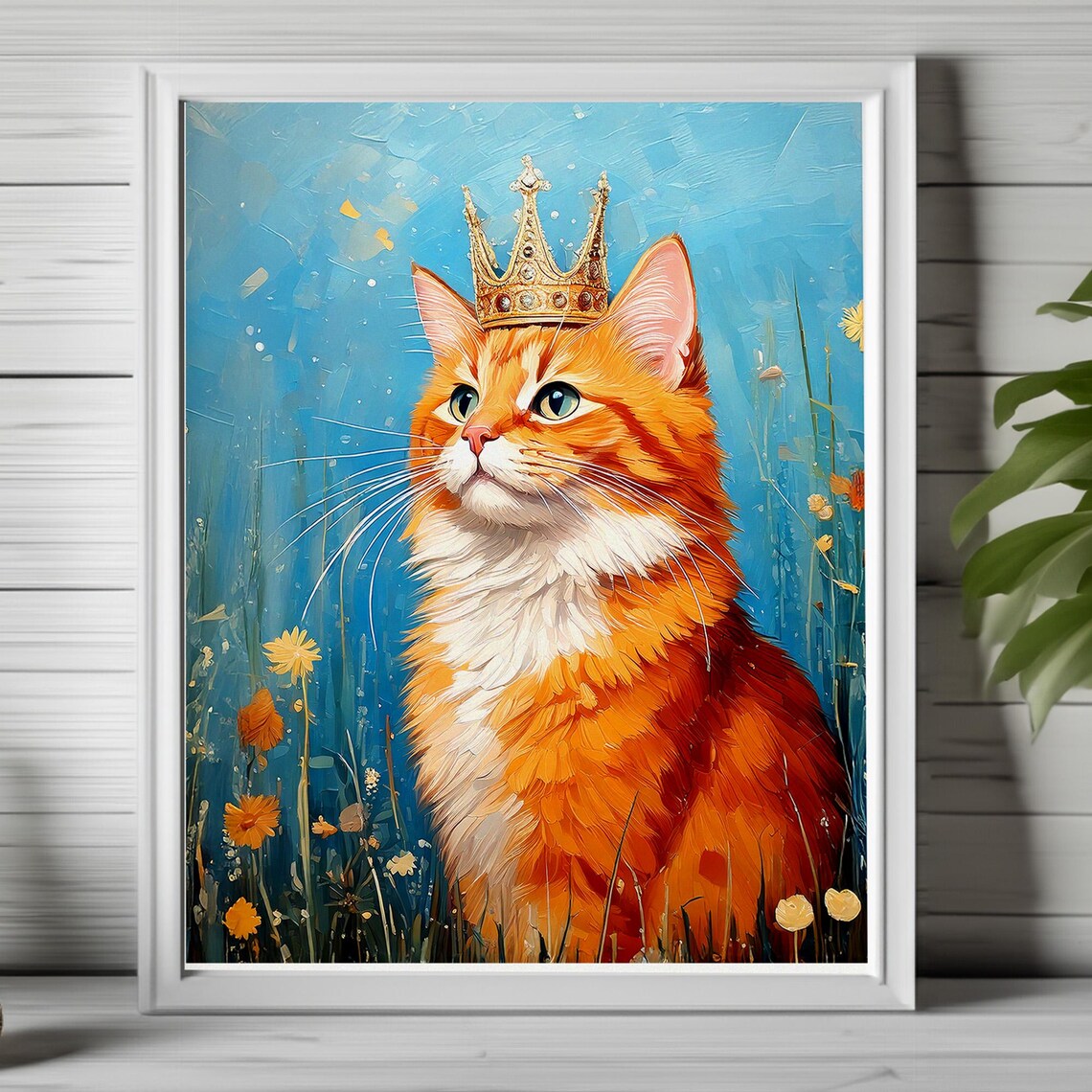 Regal Orange Tabby Cat Wearing Gold Crown Flower Garden Poster