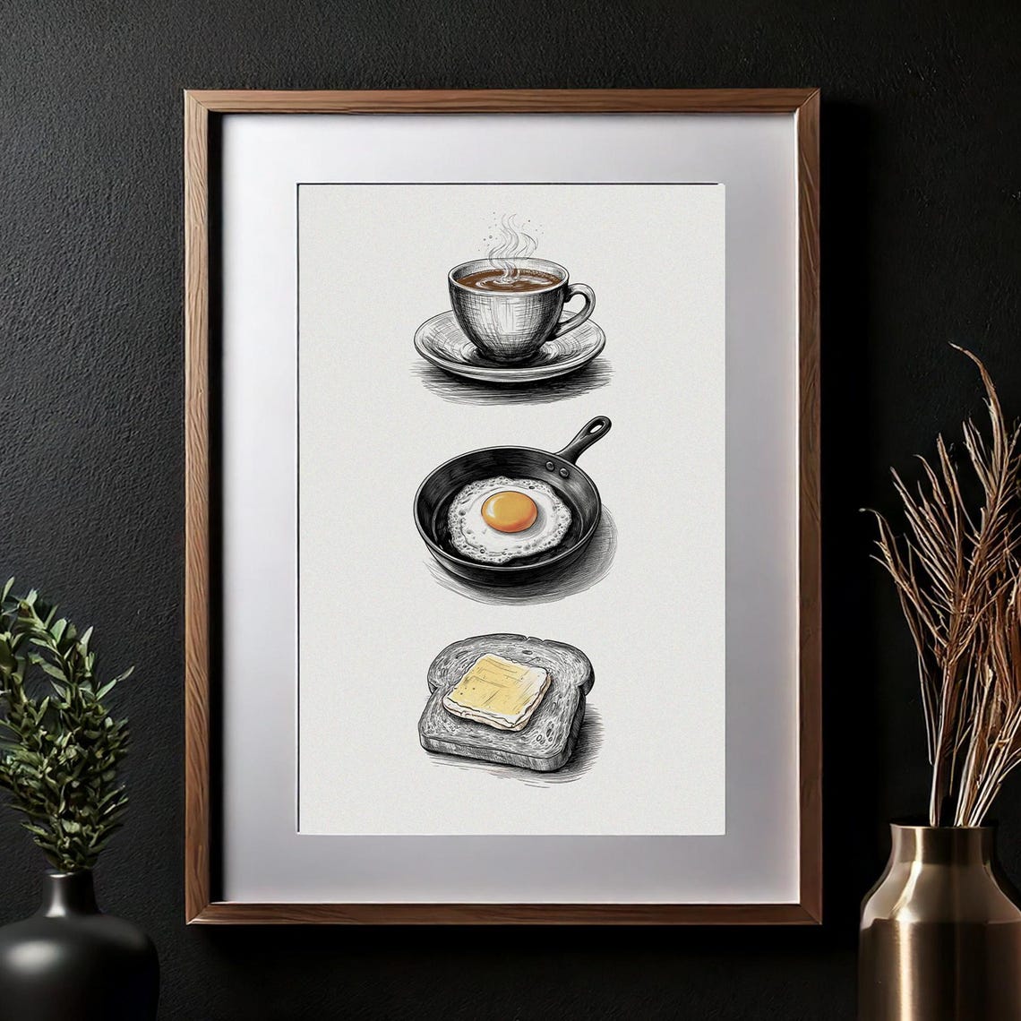 Breakfast Essentials Coffee Egg and Toast Sketch Kitchen Art Poster