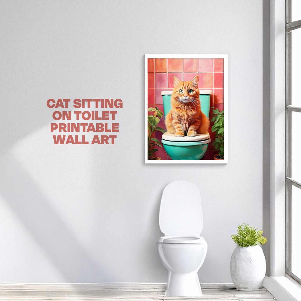 Funny Orange Cat on Toilet Colorful Retro Bathroom Art Poster - Image 3
