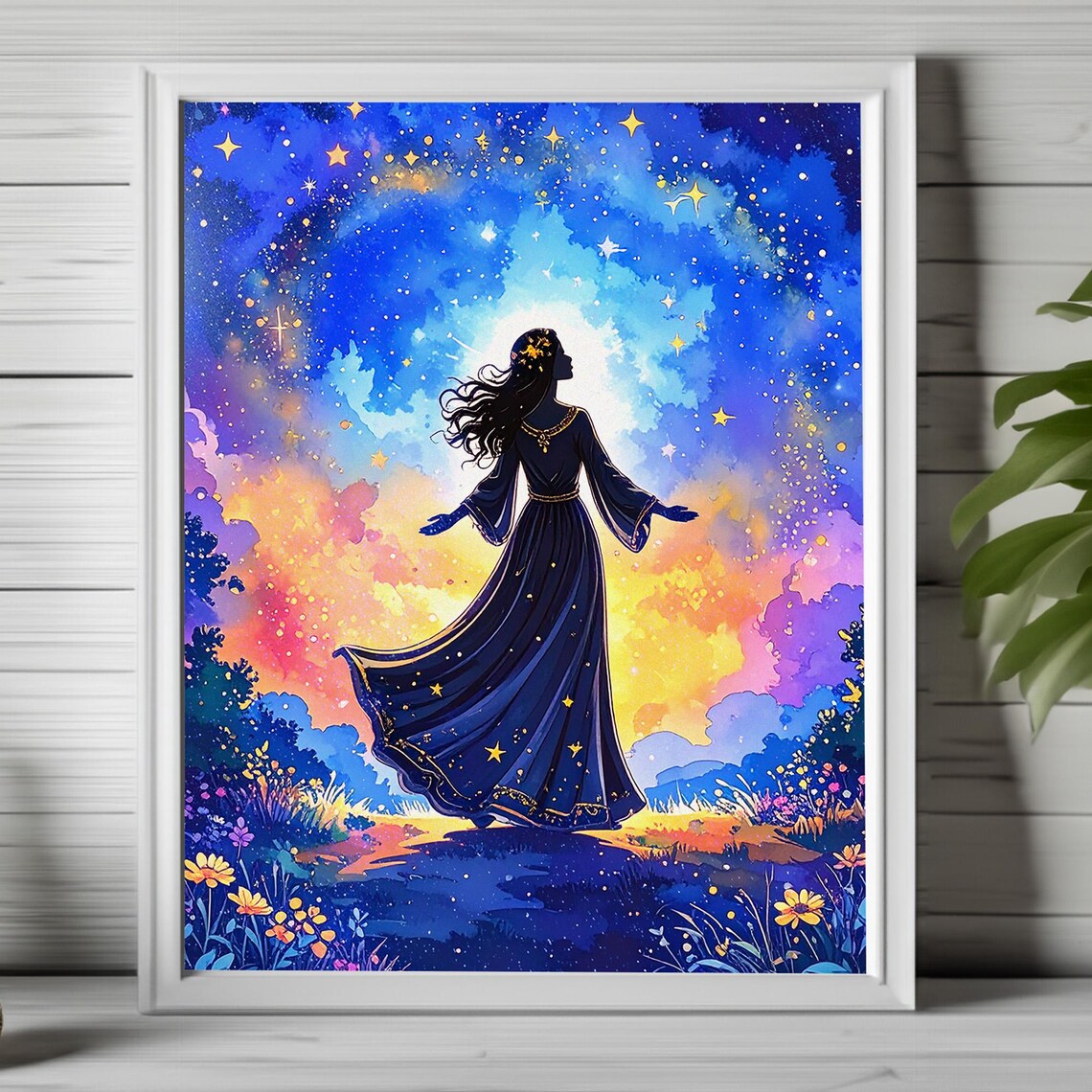 Celestial Goddess in Starry Night Gown Ethereal Spiritual Poster