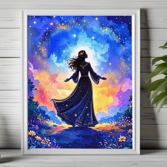 Celestial Goddess Wall Art Ethereal Feminine Print Spiritual Moon Galactic Power Divine 234