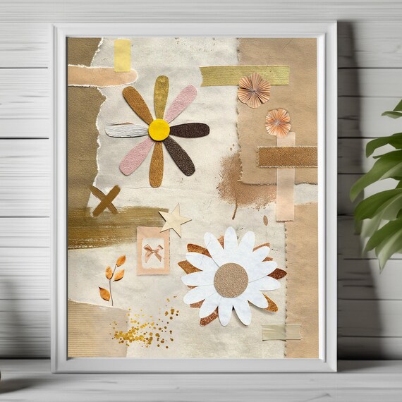 Neutral Boho Floral Collage Abstract Daisy Japandi Beige Poster