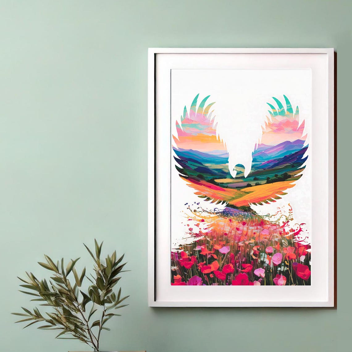 Colorful Phoenix Rising from Flowers Double Exposure Art Poster - Image 3