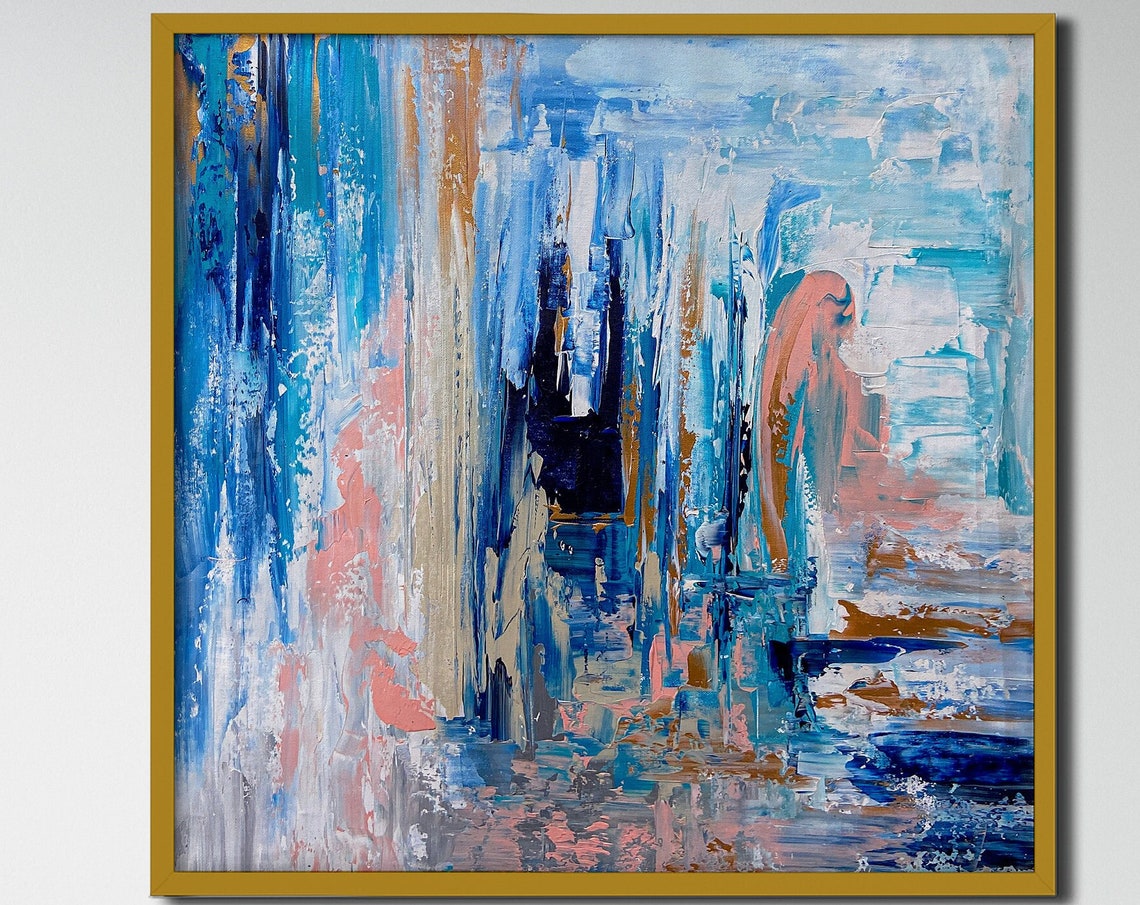 Blue Peach Gold Vertical Strokes Textured Abstract Wall Poster - Image 2