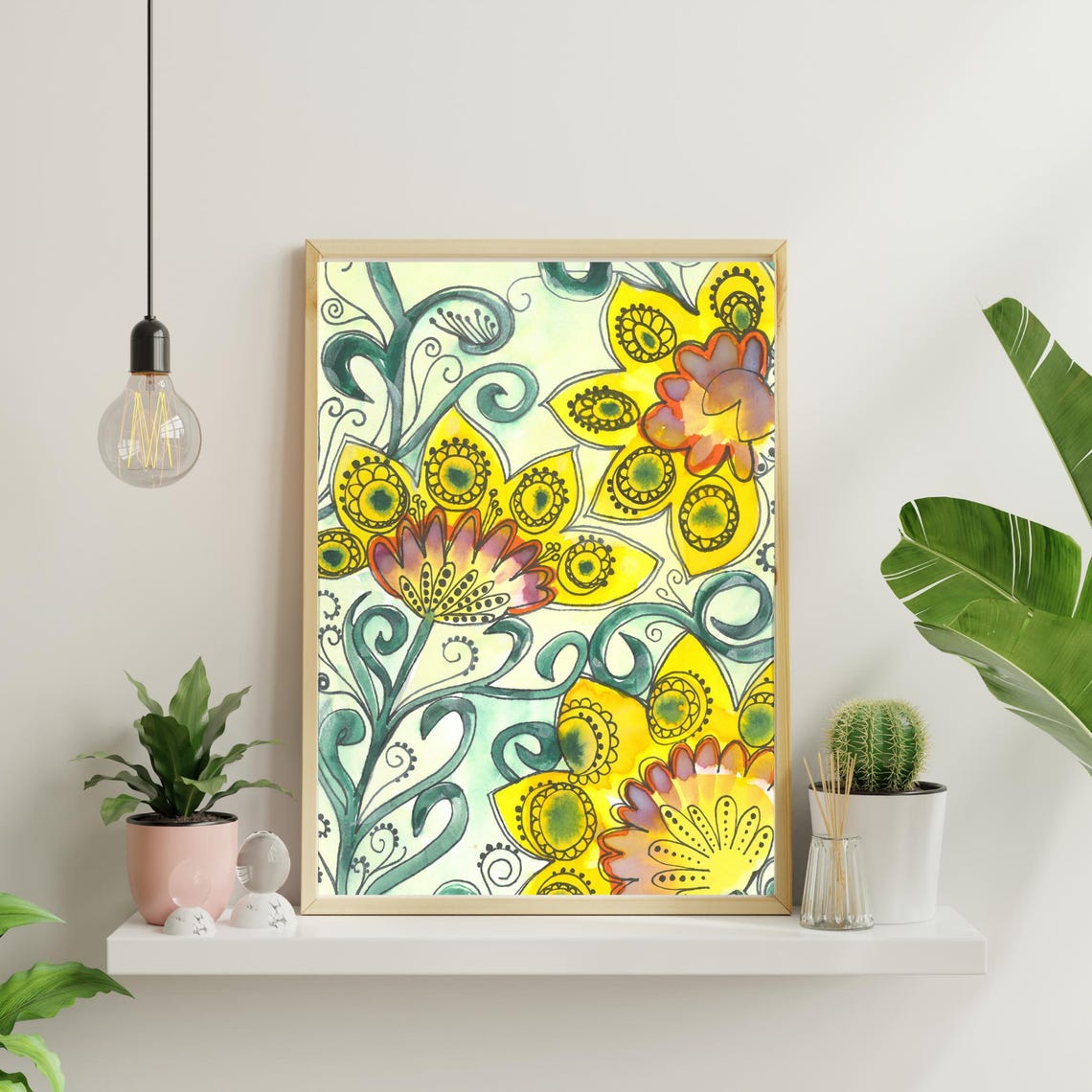 Sunny Yellow Doodle Bloom Patterned Floral Watercolor Poster - Image 3