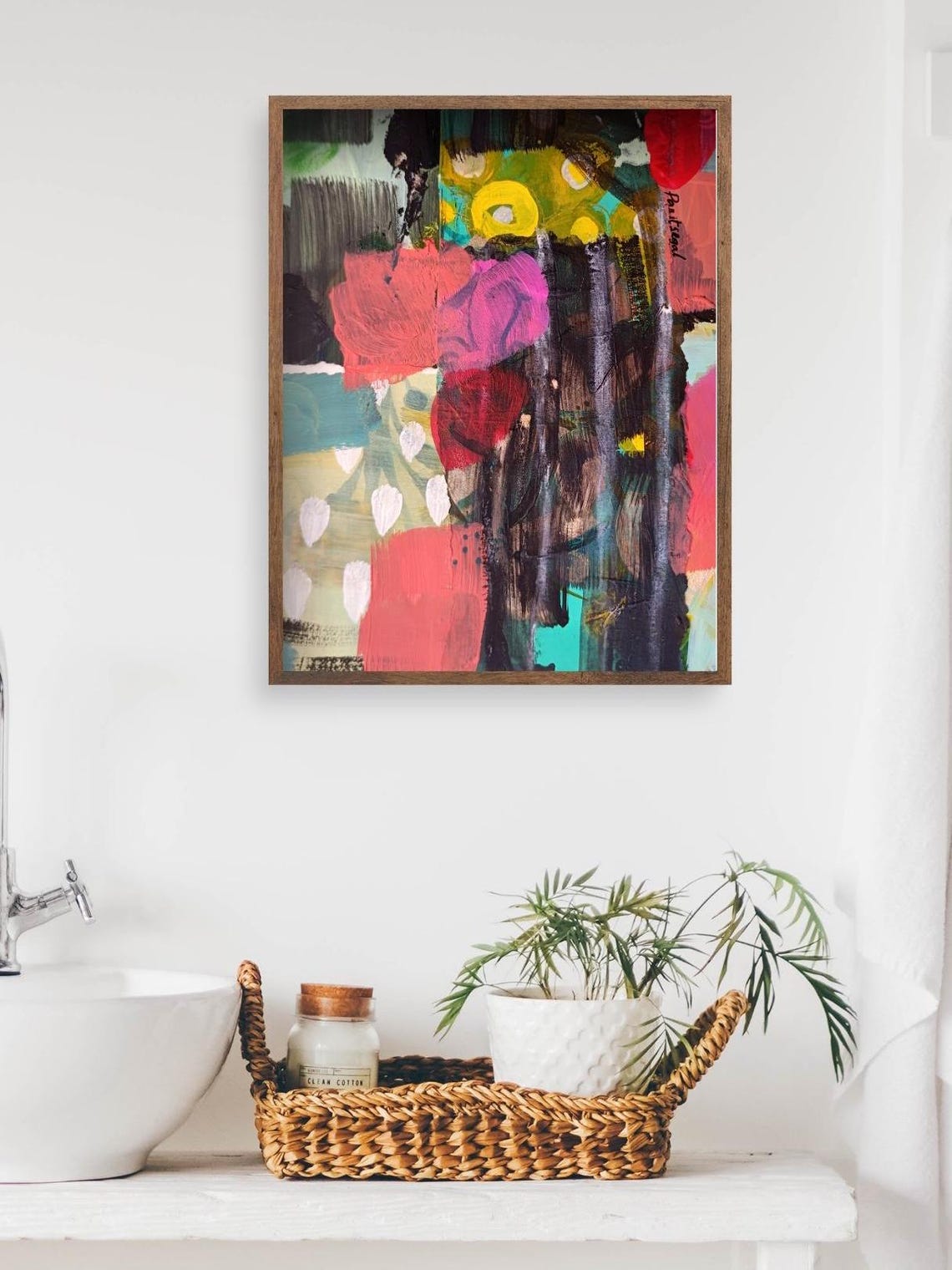 Bold Dark Abstract with Coral Pink and Turquoise Blocks Modern Poster - Image 3