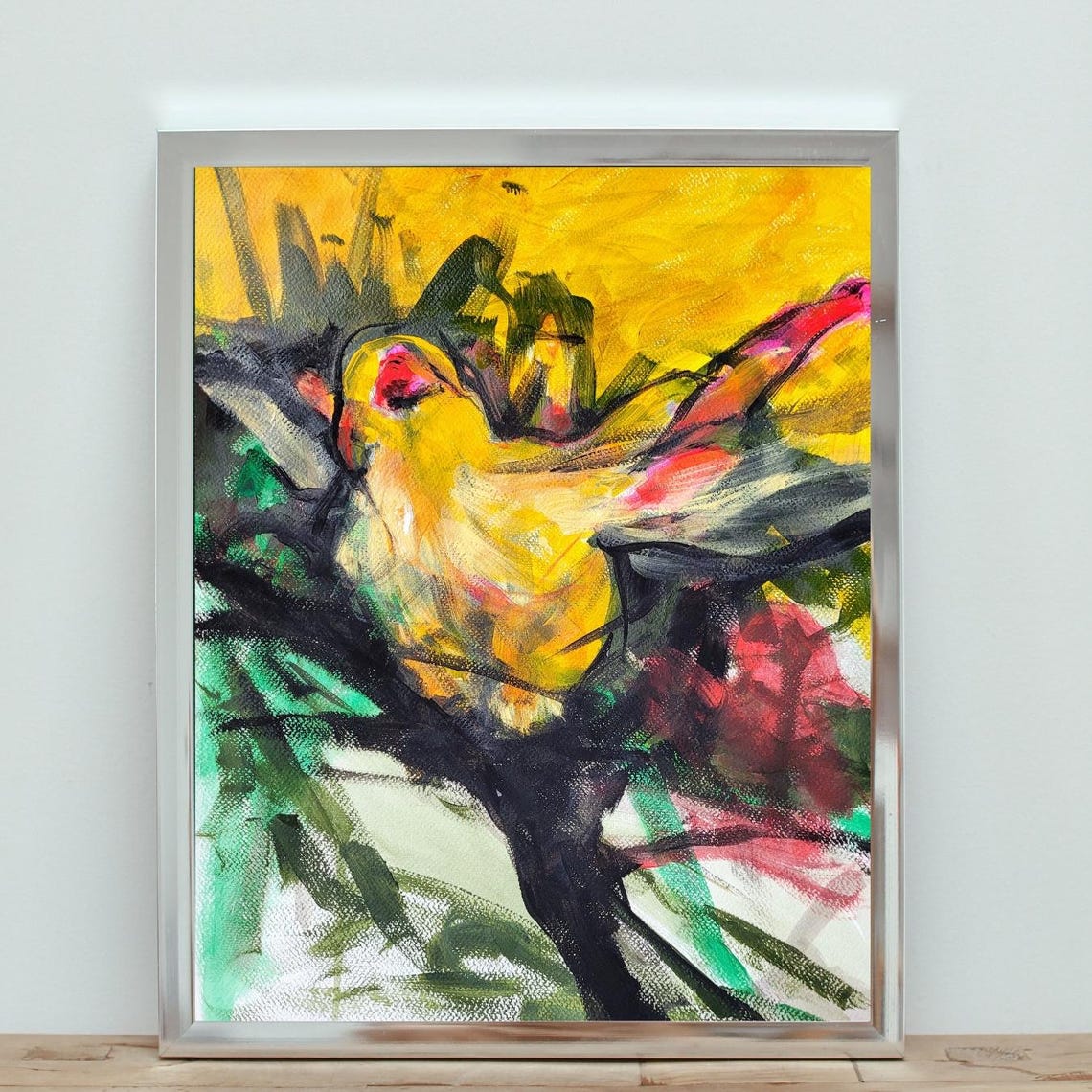 Expressive Yellow Bird Perched on Dark Branch Bold Acrylic Art Poster