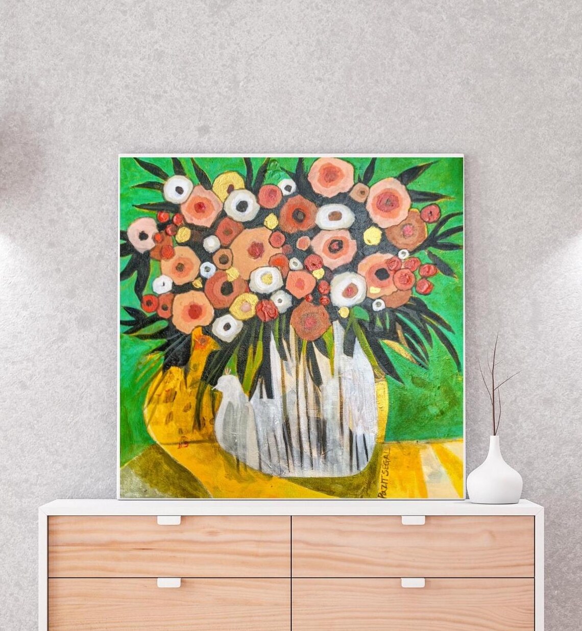 Sweet Flower Bouquet in Striped Vase with Yellow Bird Naive Art Poster - Image 3