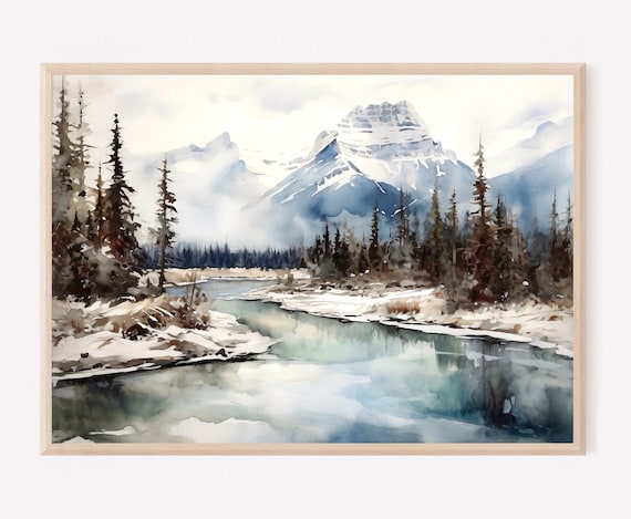 Banff National Park Snowy Peak River Watercolor Landscape Poster