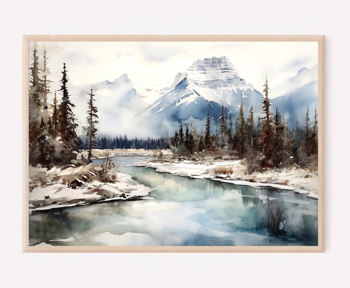Banff National Park Snowy Peak River Watercolor Landscape Poster