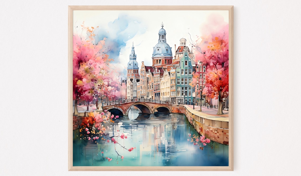 Amsterdam Canal Bridge Spring Blossom Trees Watercolor City Poster