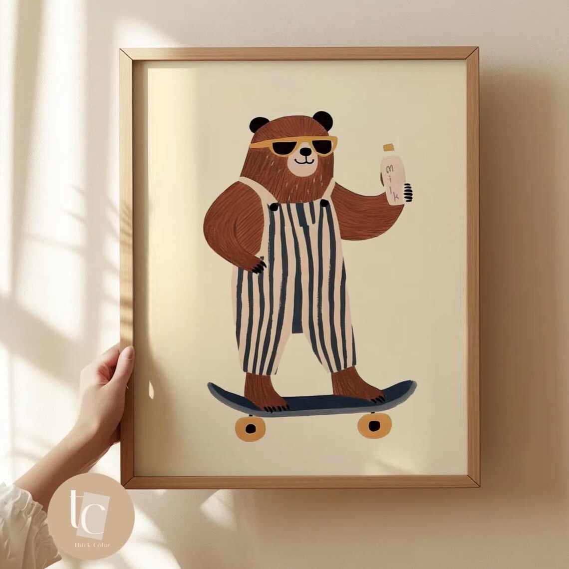Cool Bear Skateboarding Milk Retro Nursery Wall Art Playful Childrens Decor Whimsical Animal