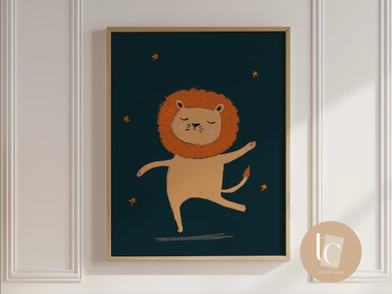 Little Lion Dancing Nursery Wall Art Retro Kids Decor Quote Genre Neutral Baby Illustration Print Whimsical Stars