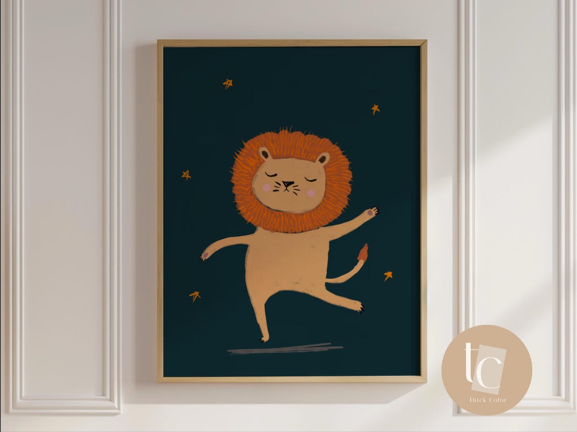 Little Dancing Lion Under Golden Stars On Teal Nursery Wall Poster