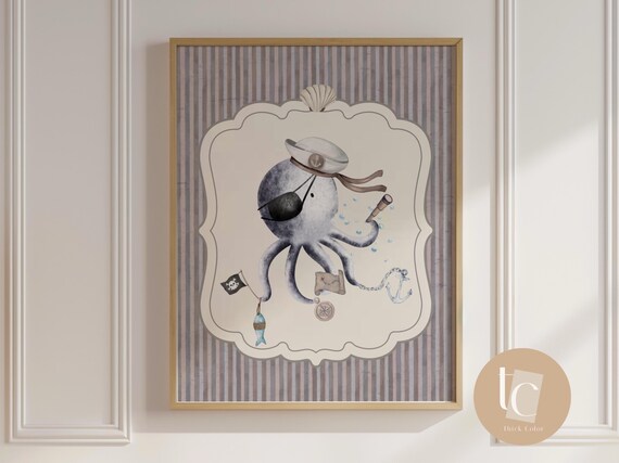 Pirate Octopus Nursery Wall Art Nautical Ocean Animal Print For Kids Room Coastal Baby Decor Boy Sailboat