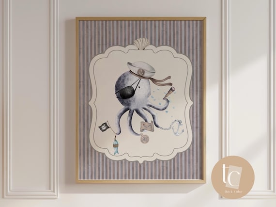 Pirate Octopus Sailor Hat Kids Nursery Nautical Ocean Animal Fun Poster
