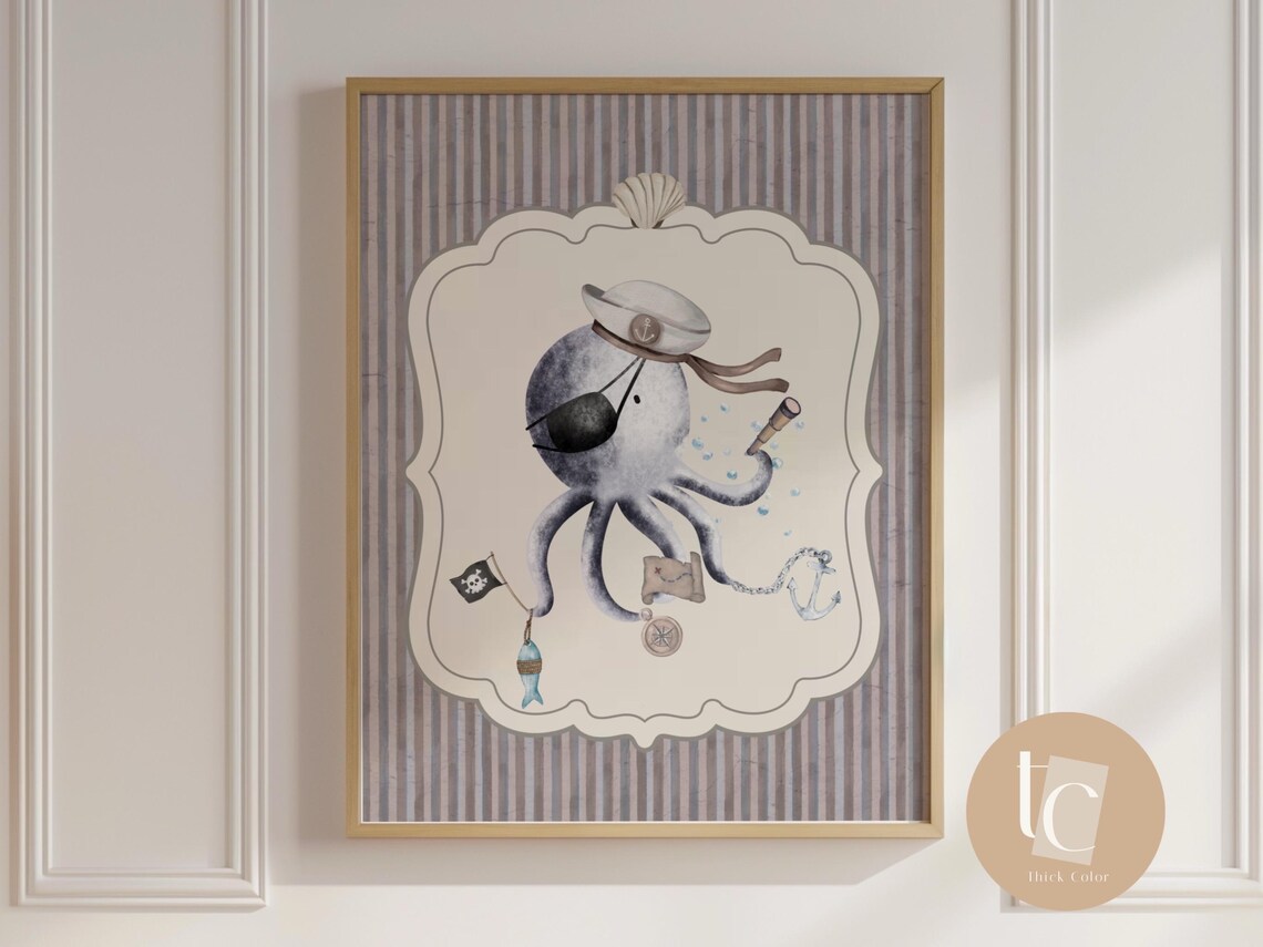Pirate Octopus Sailor Hat Kids Nursery Nautical Ocean Animal Fun Poster