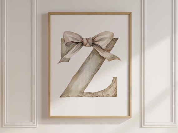 Baby Initial Z Watercolor Nursery Vintage Bow Print Ribbon Wall Art Prints Girl Decor Alphabet