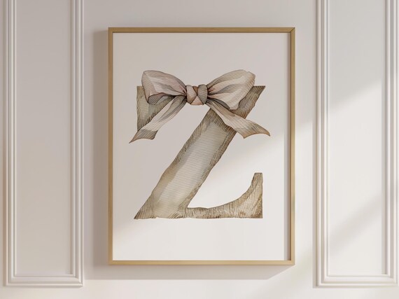 Watercolor Letter Z Initial Nursery Poster with Elegant Beige Bow Art