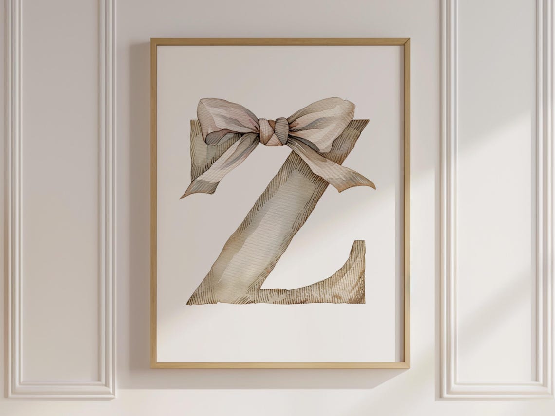 Watercolor Letter Z Initial Nursery Poster with Elegant Beige Bow Art