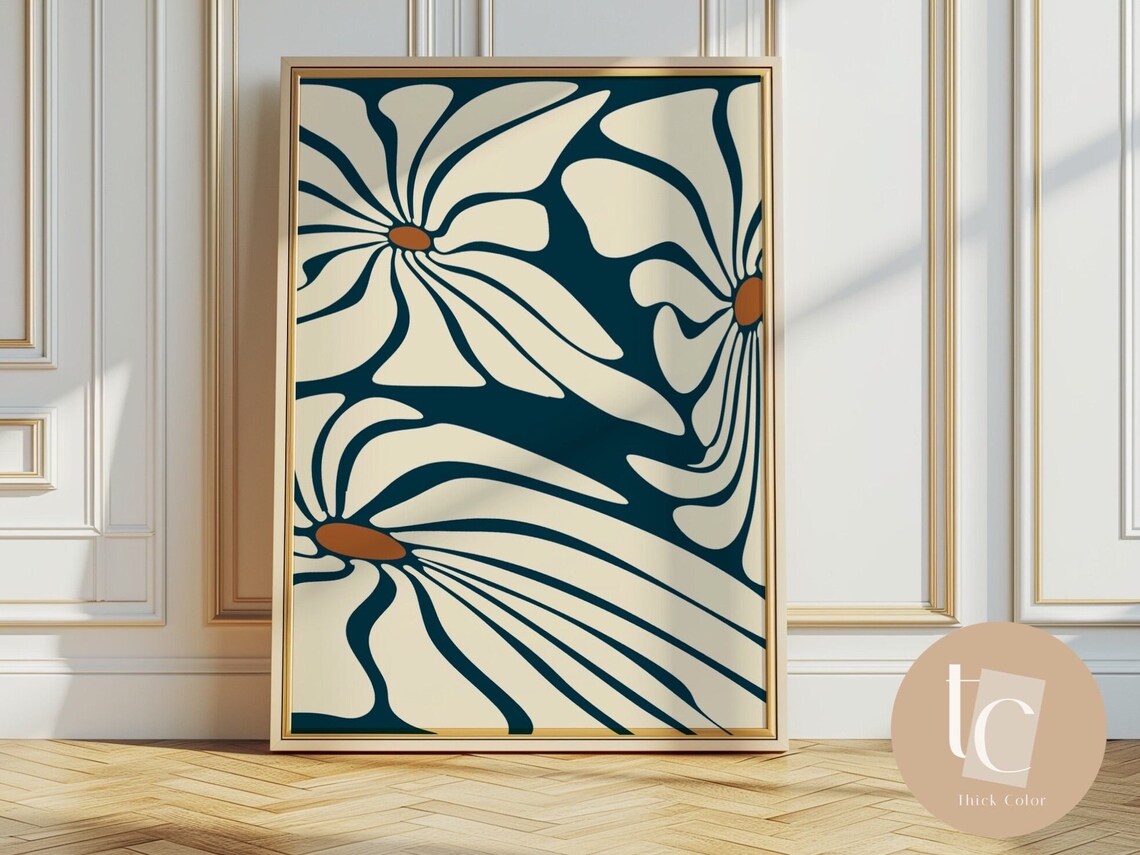 Cream And Teal Swirling Retro Petals Modern Floral Art Poster