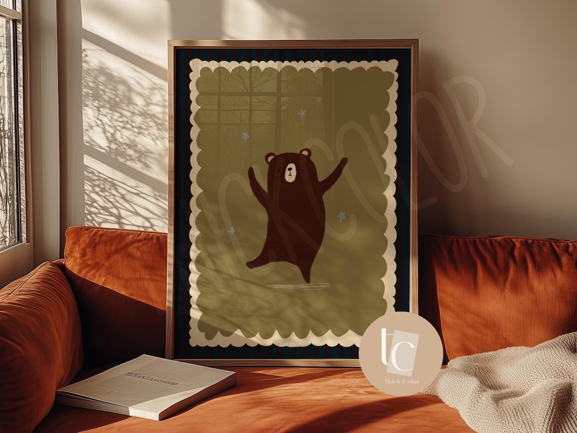 Brown Bear Dancing Nursery Print, Whimsical Minimalist