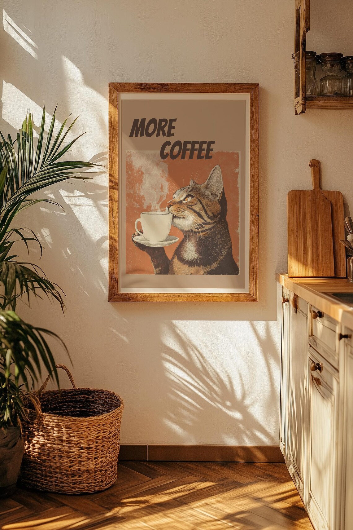 More Coffee Funny Retro Tabby Cat Holding A Coffee Cup Poster - Image 2