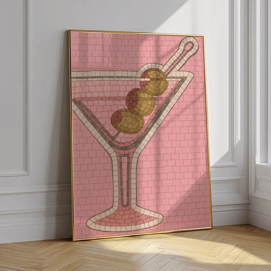 Extra Dirty Martini Olive Mosaic Pink Tile Cocktail Bar Art Poster - Image 4