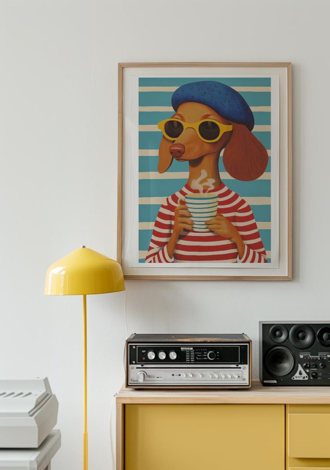 Dachshund Dog In Sunglasses And Beret Holding Coffee Cup Funny Poster - Image 3