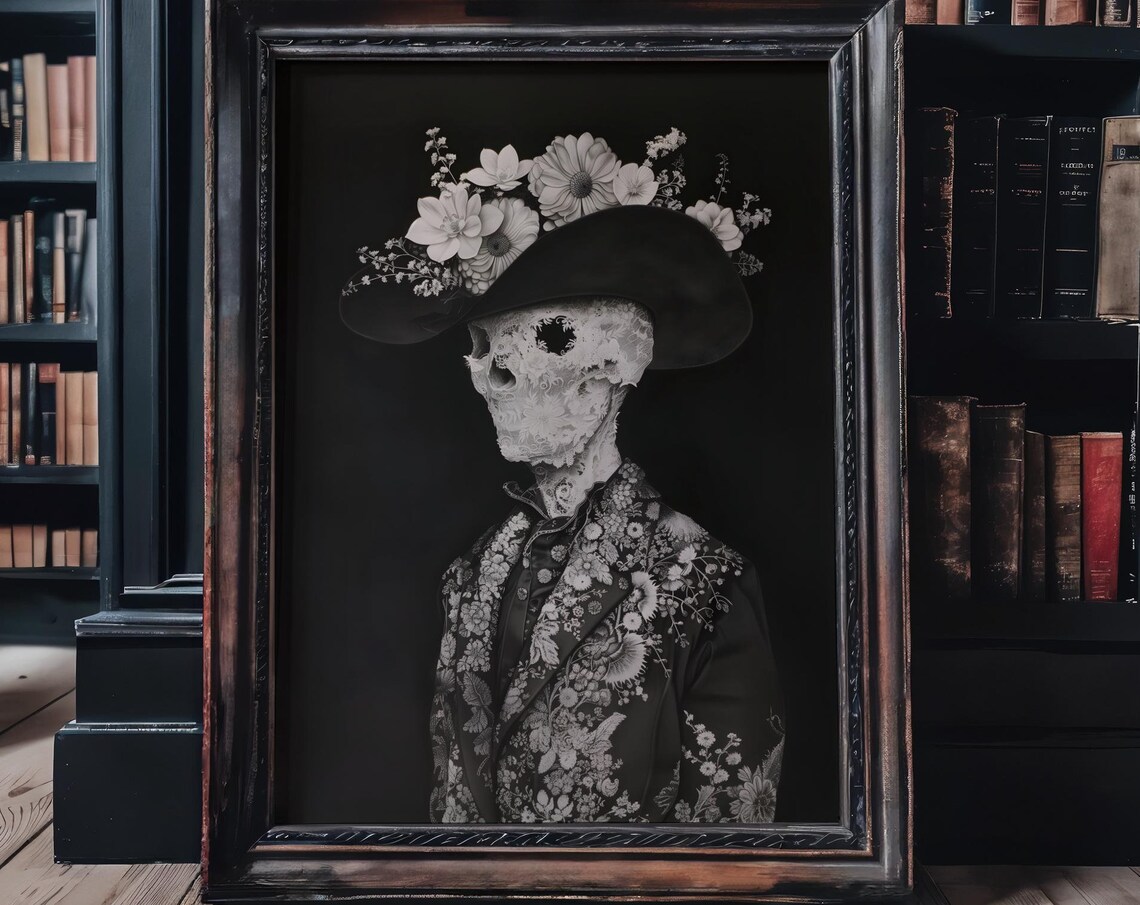Skeleton Cowboy Hat With Flowers Gothic Black White Art Poster - Image 3