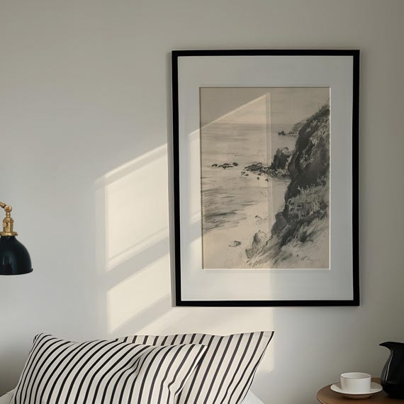 Moody Coastal Sketch Print Vintage Black White Ocean Art Rocky Shore Drawing Dark Academia