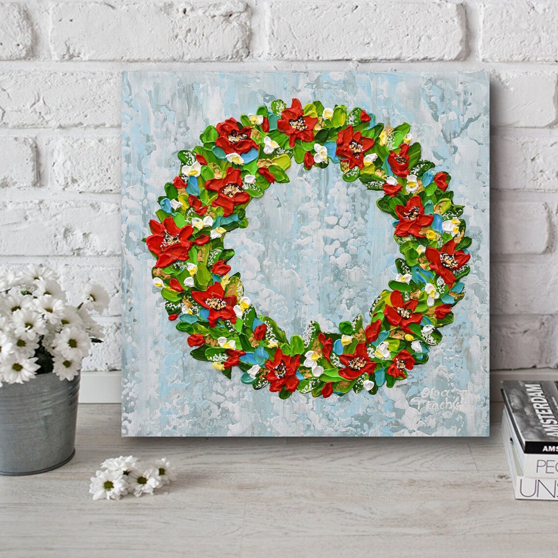Christmas Wreath Red Flowers Blue Holiday Floral Impasto Art Poster