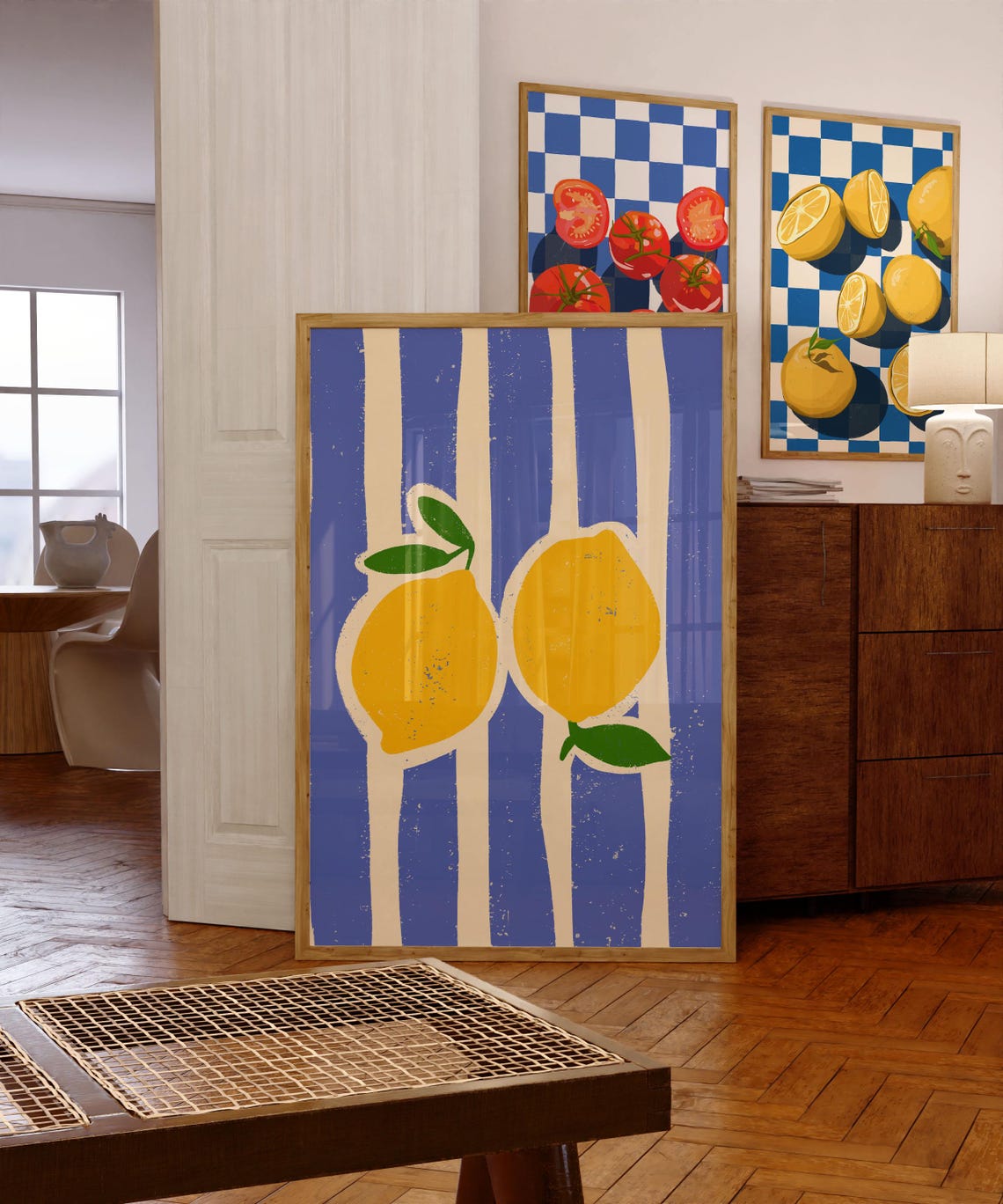 Retro Lemons On Blue Striped Background Citrus Kitchen Poster - Image 4