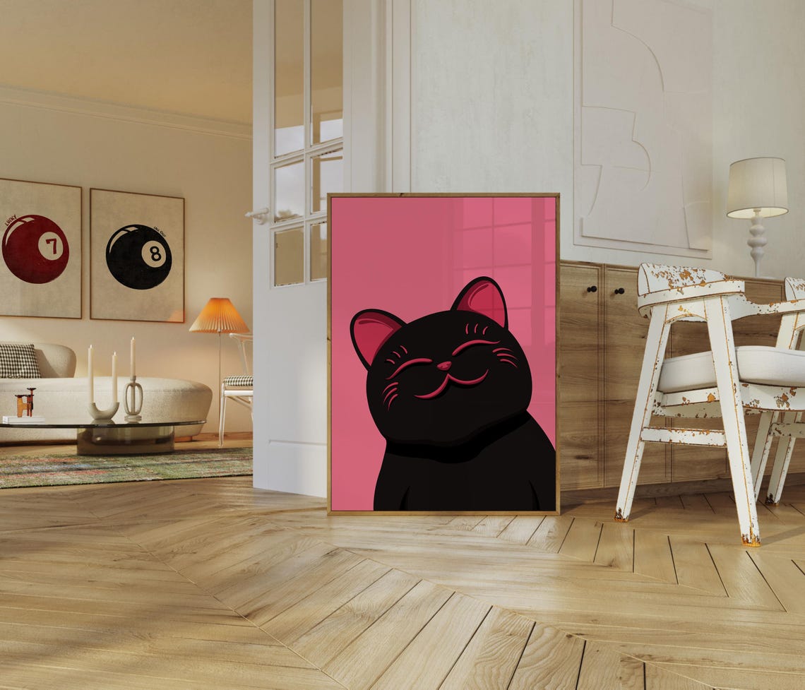 Maneki Neko Black Cat Print Japandi Wall Art Funny Cat Poster For Modern Home Decor - Image 3