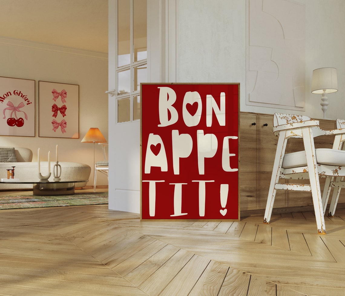 Big Bold Red Bon Appetit French Kitchen Typography Quote Poster - Image 4