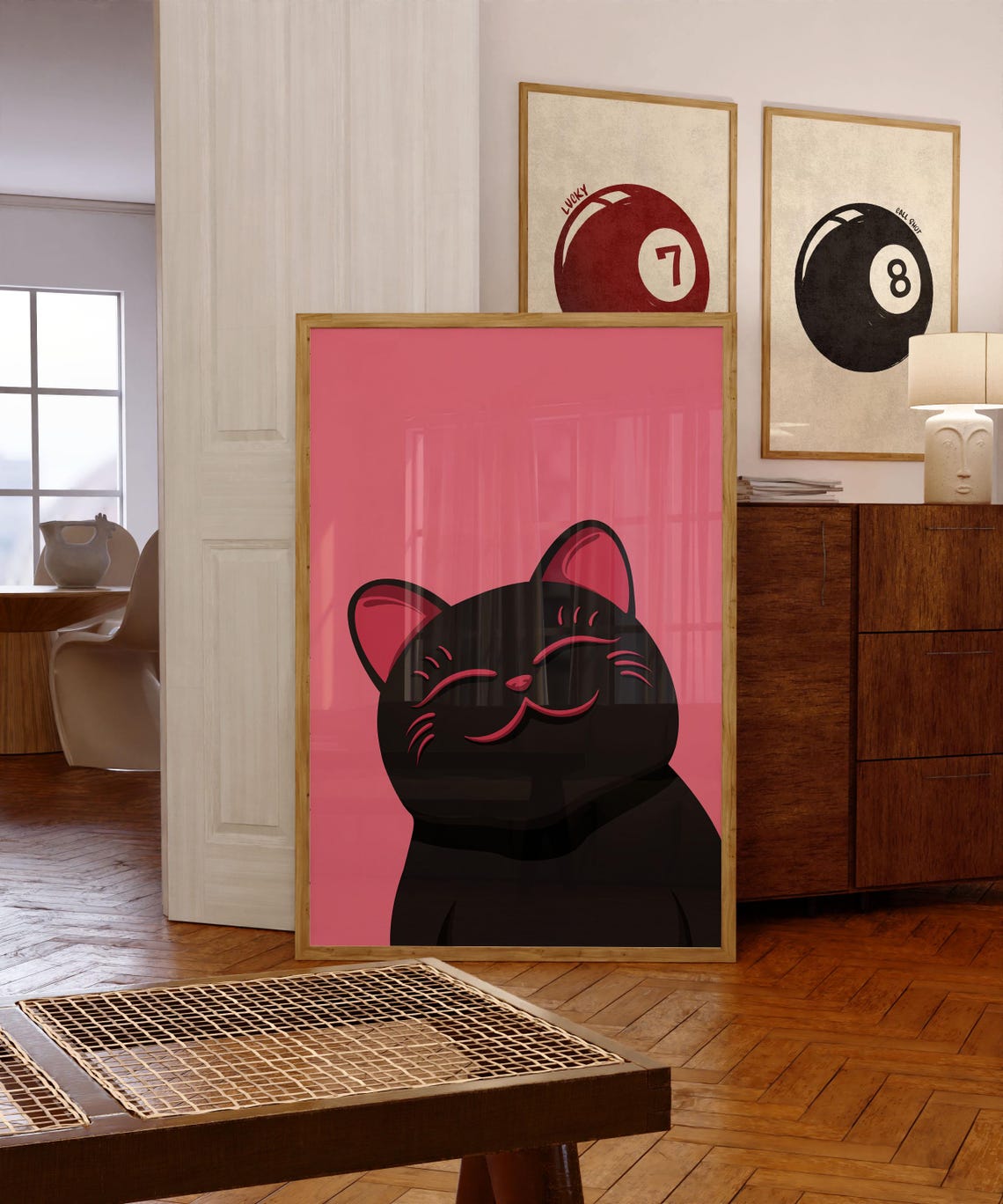 Lucky Black Cat Maneki Neko Style Pink Minimalist Wall Poster - Image 4