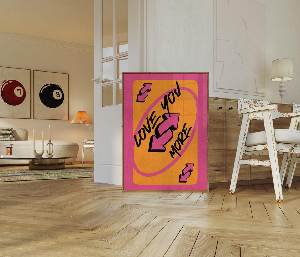 Love You More Bright Orange Pink UNO Reverse Card Game Poster - Image 3