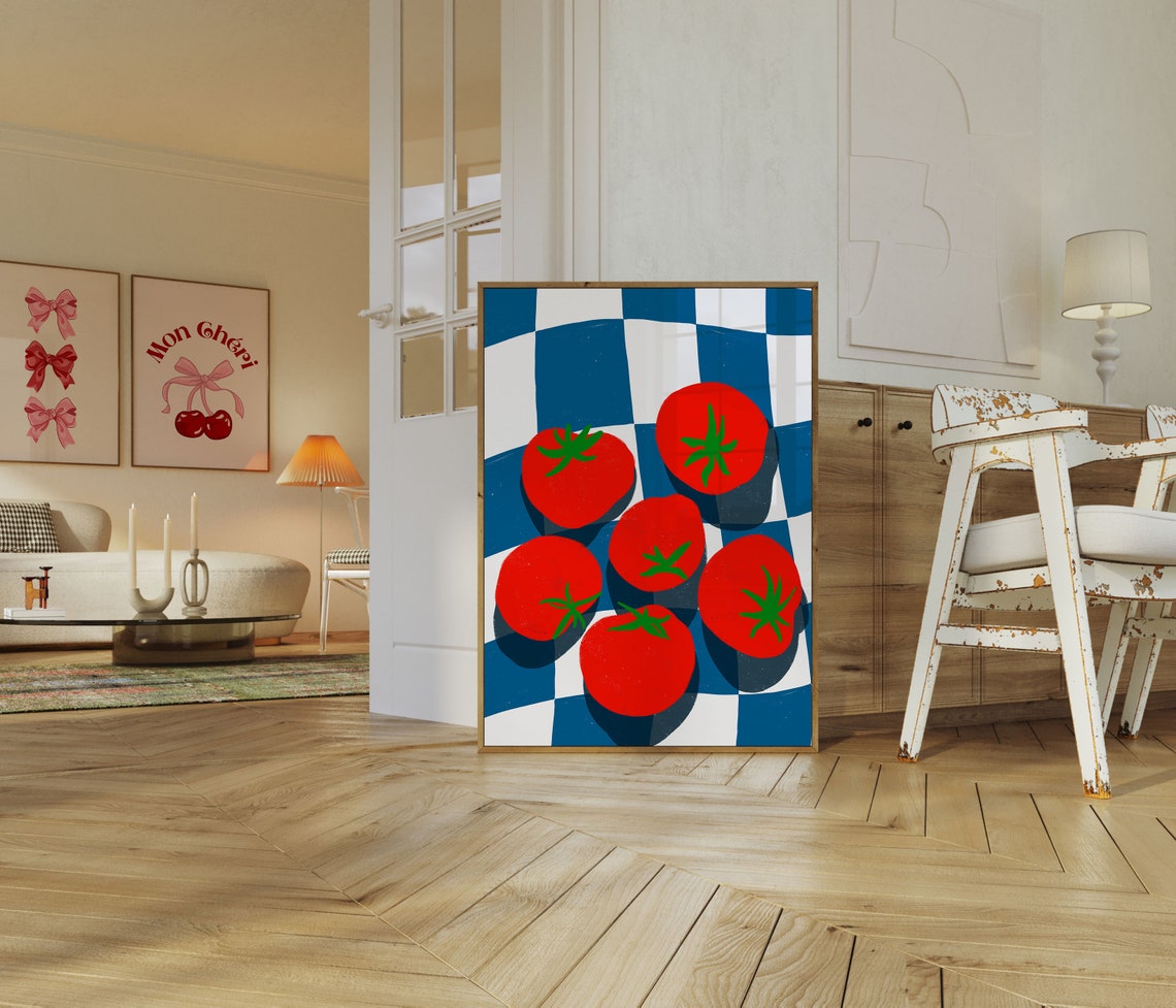 Retro Red Tomatoes on Blue Checkered Kitchen Food Art Poster - Image 2