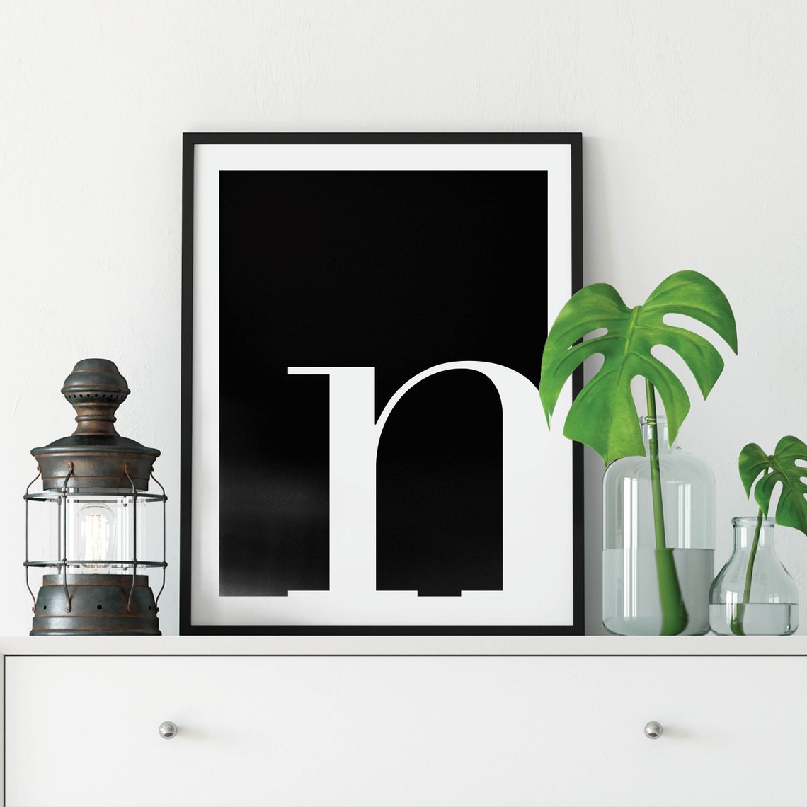 Lowercase N Letter Black White Bold Serif Typography Art Poster - Image 3