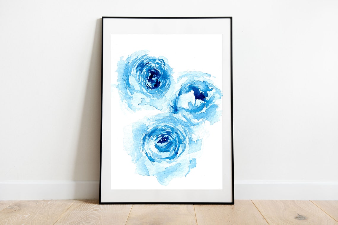Blue Watercolor Roses Trio Minimalist Floral Painting Wall Art