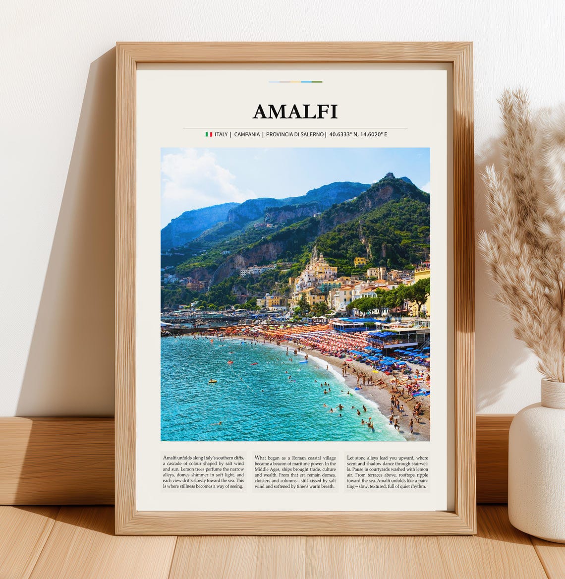 Amalfi Coast Italy Seaside Cliffs Beach Town Campania Travel Poster