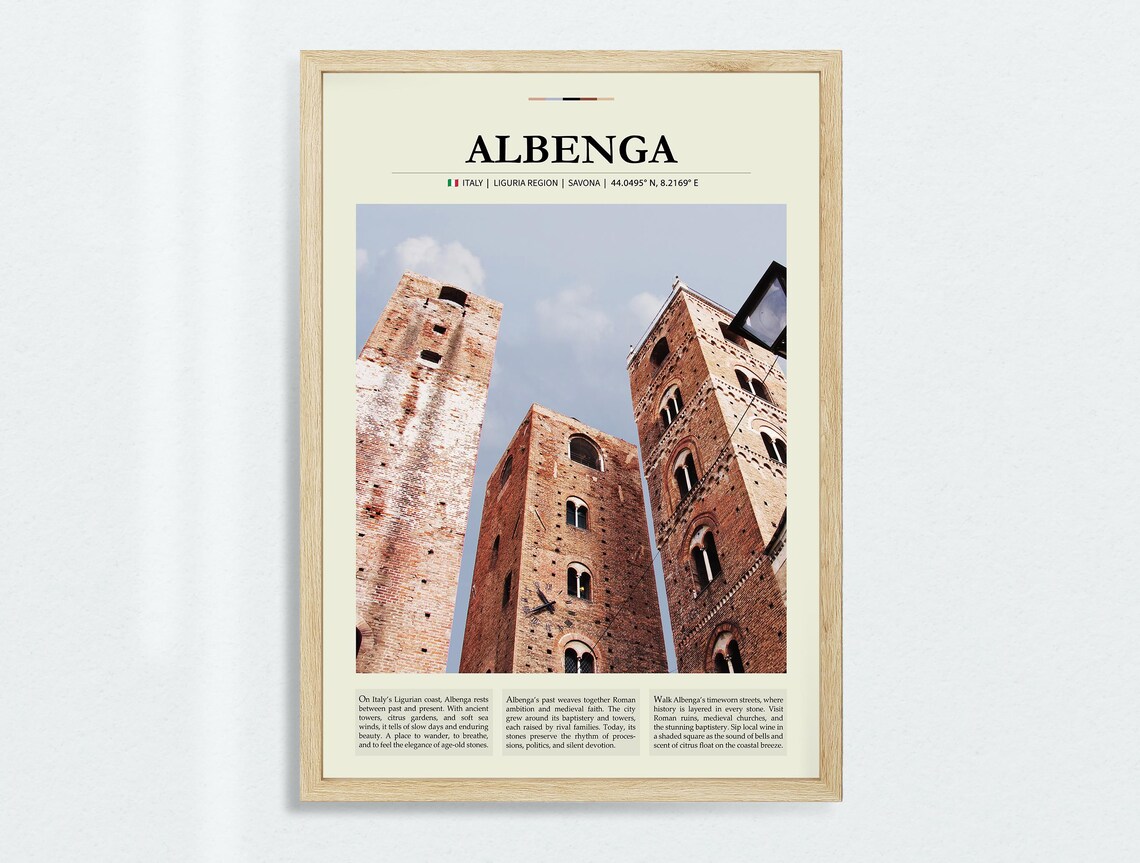 Albenga Italy Liguria Medieval Brick Towers Historic Travel Poster