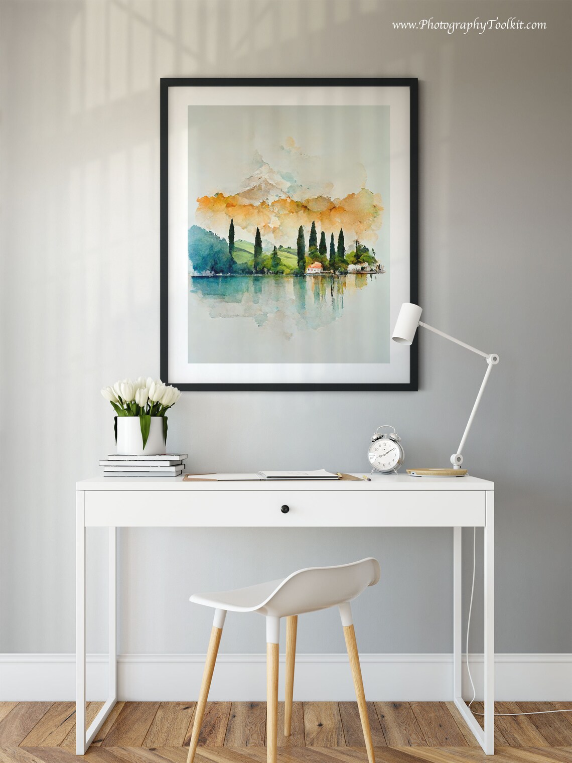 Watercolor Lake Cypress Trees Lakeside Village Soft Pastel Landscape Print - Image 2