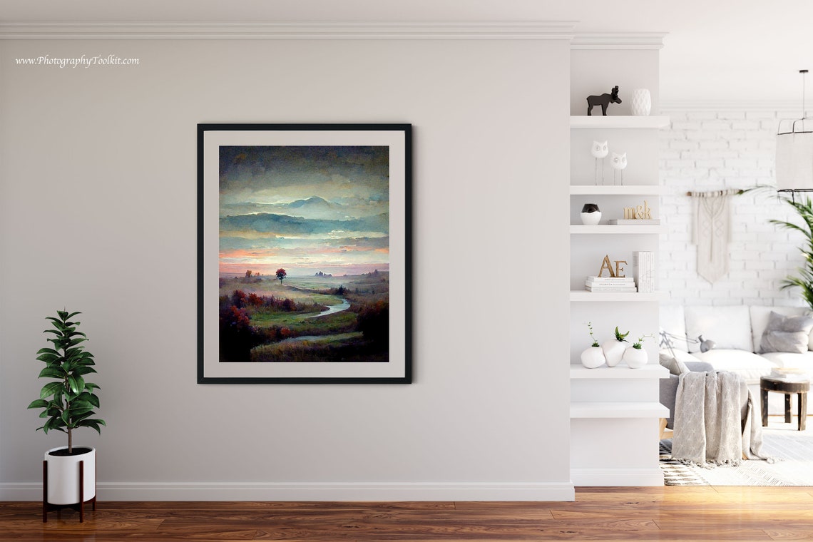 River Valley Sunset Watercolor Rolling Hills Landscape Poster - Image 4